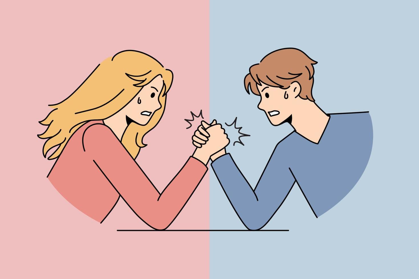 Gender conflicts and sexism concept. Furious Male and female competing in arm wrestling representing gender conflicts between each other vector illustration