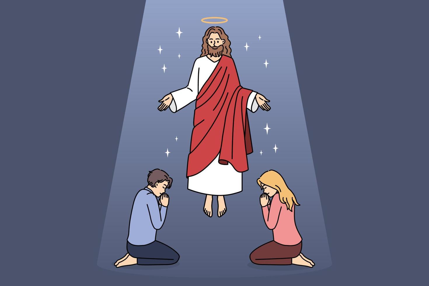 Religion and Christianity education concept. Kind smiling Jesus in red clothing flying over sitting and praying people taking care of them vector illustration