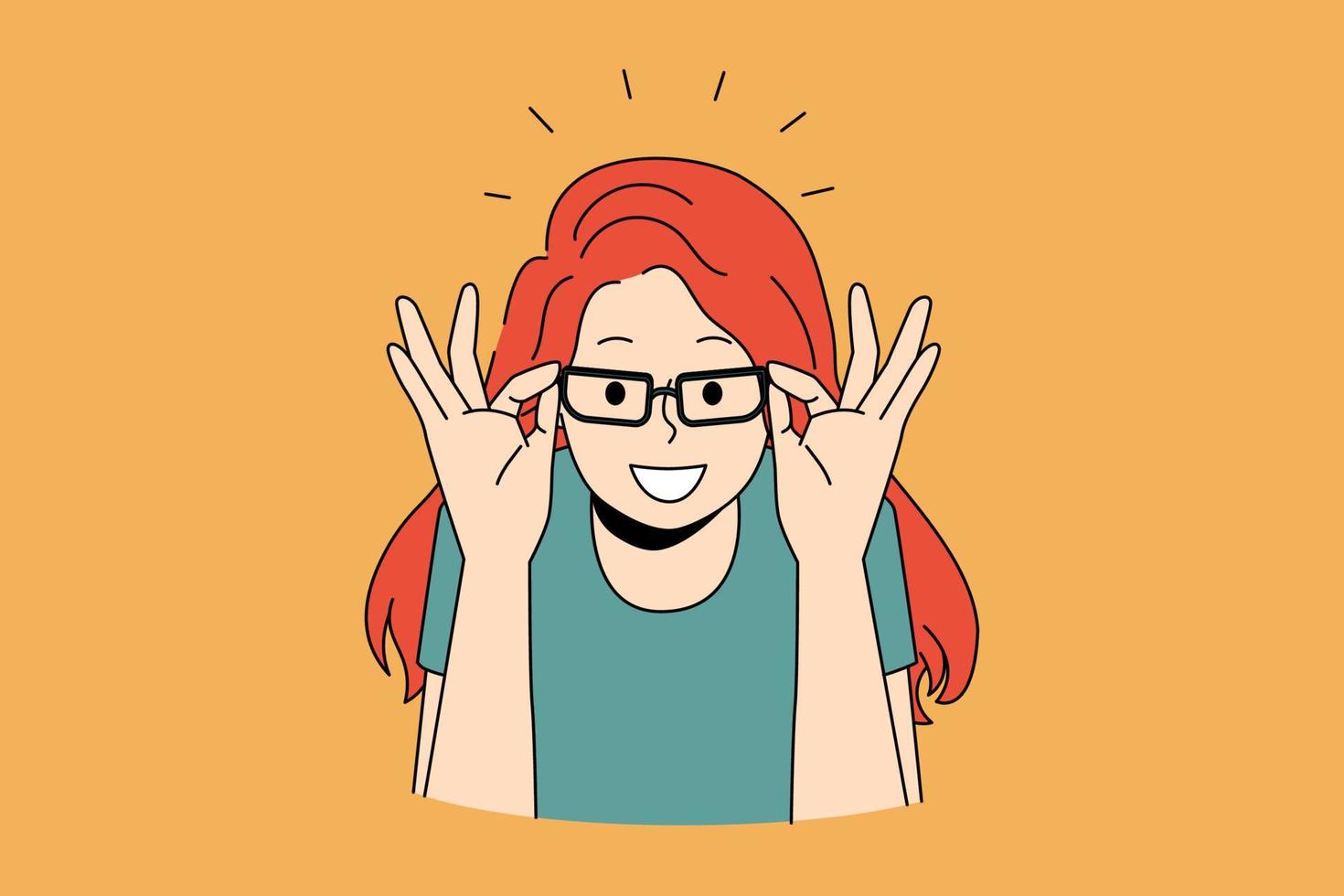 anteojos y elegir el concepto de anteojos. chica pelirroja sonriente probándose y eligiendo anteojos elegantes en óptica sobre ilustración de vector de fondo naranja