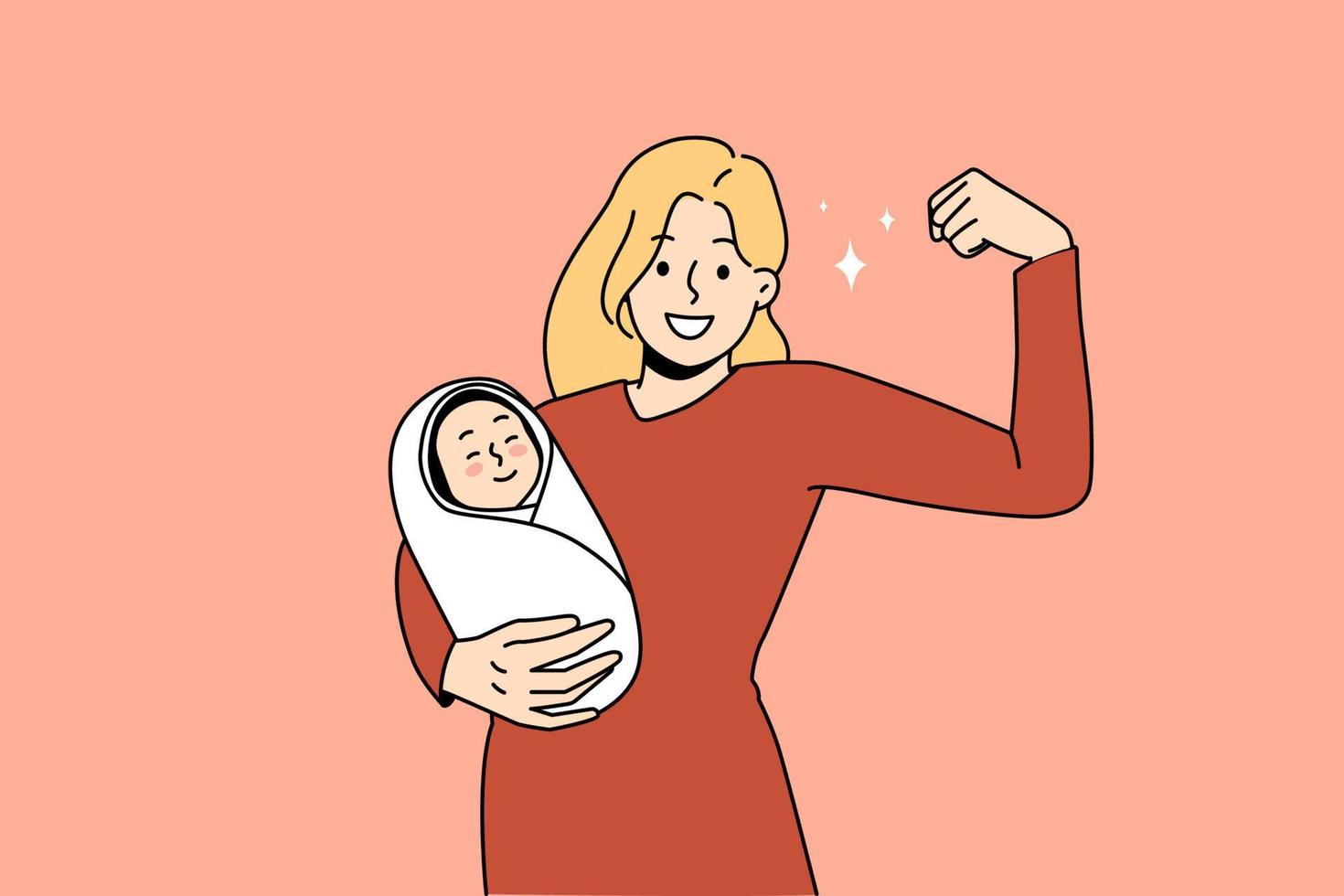 Superhero mother and strength concept. Young smiling woman mother standing holding newborn infant baby in hands showing strong arm vector illustration