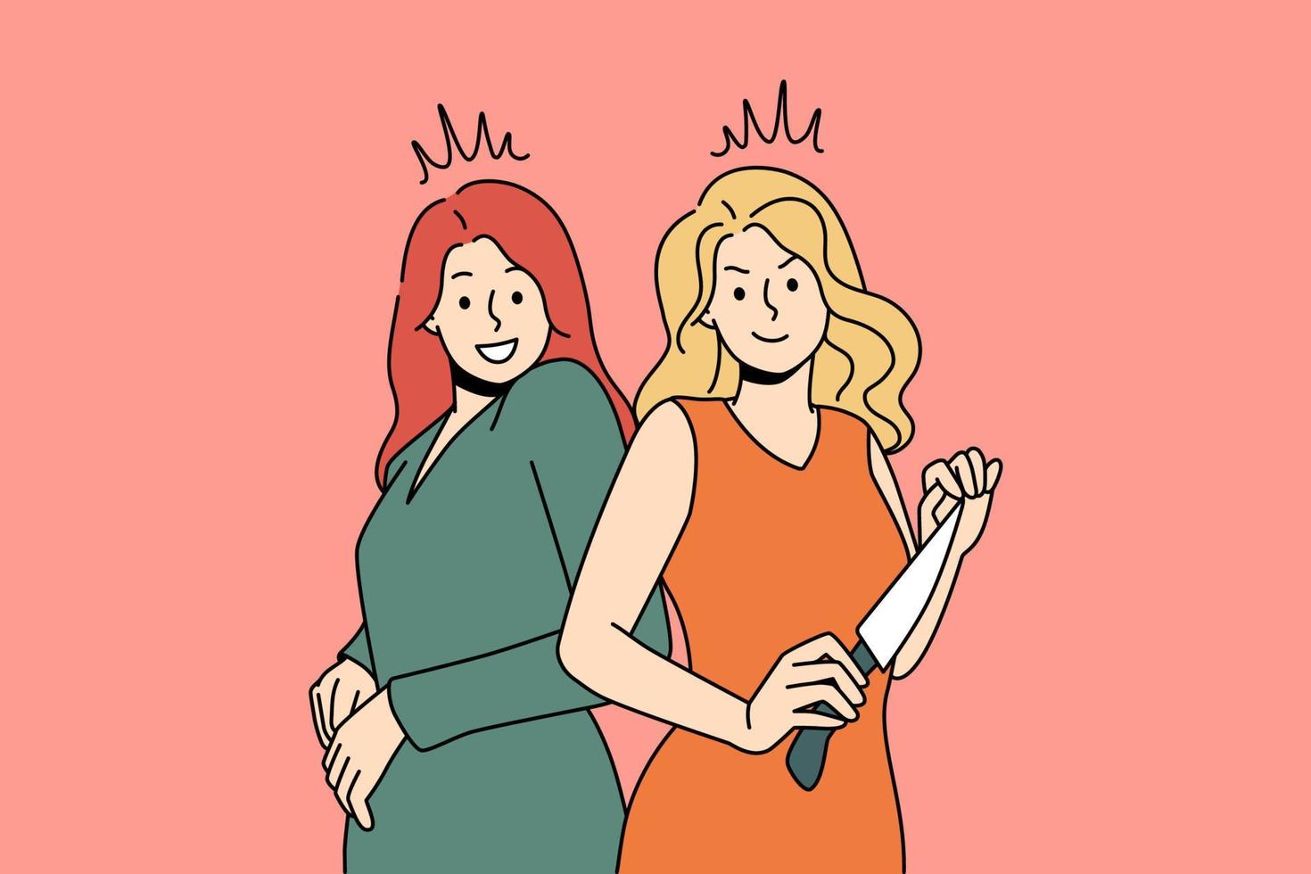 Planning murder and revenge concept. Smiling women standing holding kitchen knife trying sharpness of kitchen knife in her hands vector illustration
