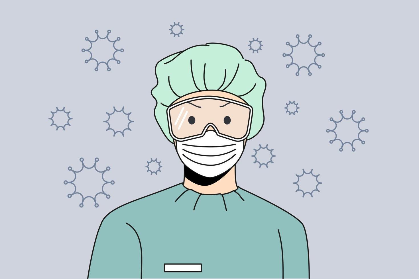 ropa de trabajo protectora y concepto de pandemia. médico con gafas de máscara de sombrero y uniforme de pie durante la epidemia de covid-19 y bacterias que vuelan alrededor de la ilustración vectorial vector