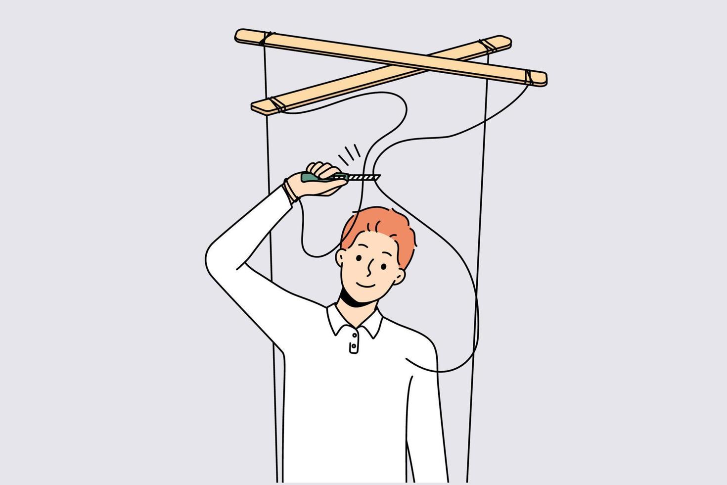 Smiling man with scissors cut ropes free himself from manipulation. Happy man stop being manipulated. Puppeteering and dependence. Vector illustration.