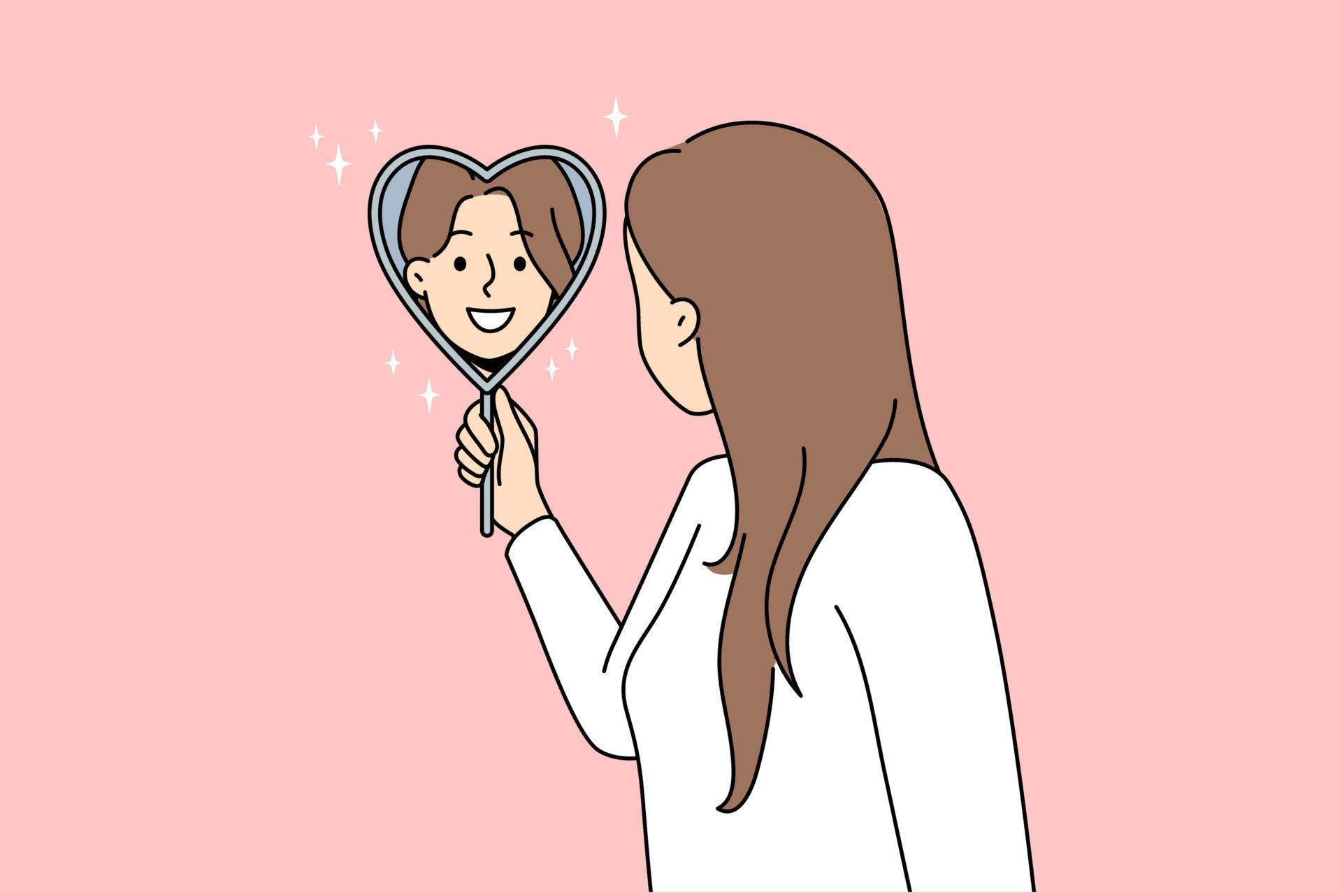 Smiling woman look in heart shaped mirror satisfied with reflection