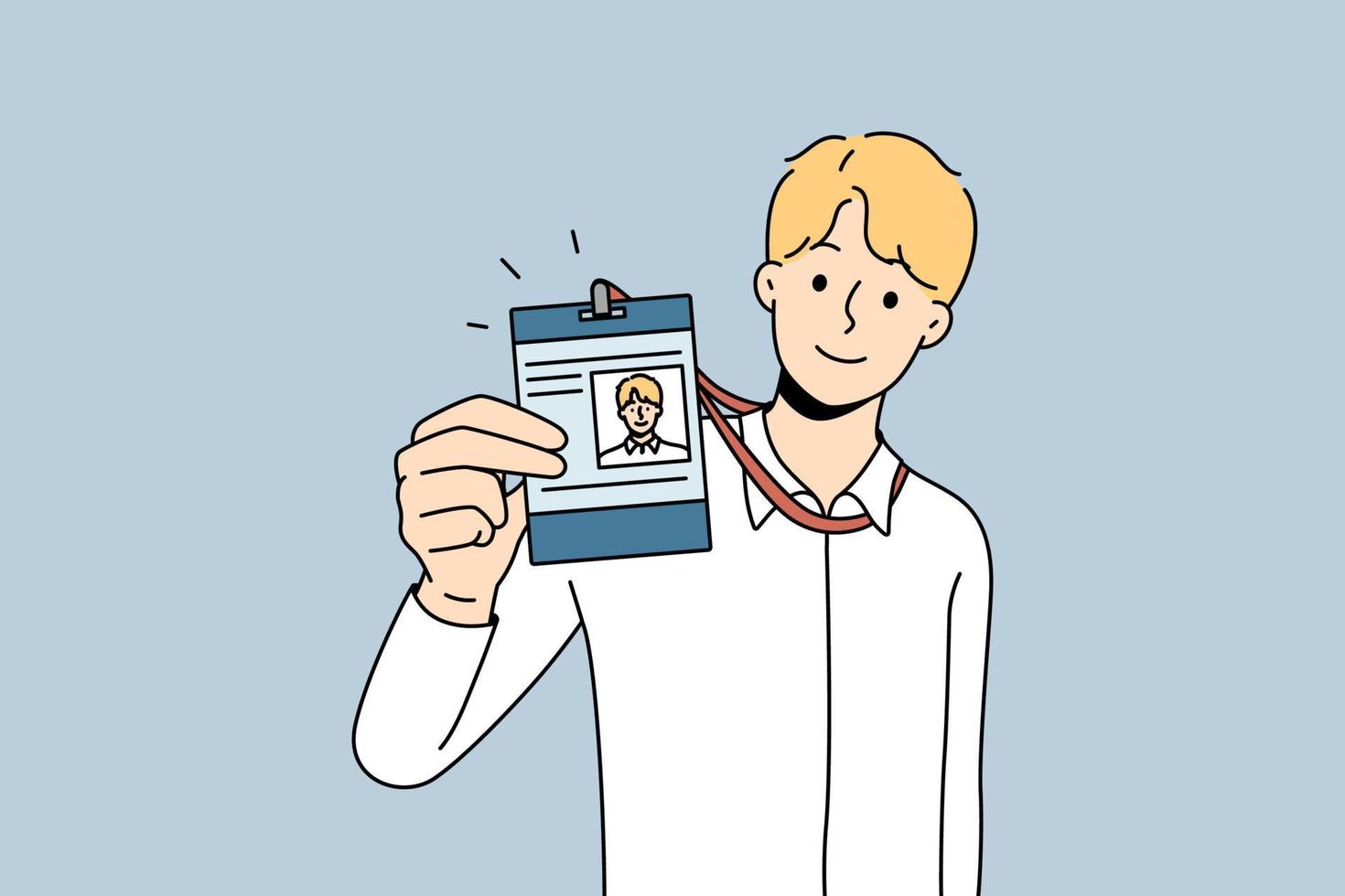 hombre de negocios presente tarjeta de identificación en la oficina. empleado masculino sonriente que muestra una insignia personal en el lugar de trabajo. documento de personal. ilustración vectorial vector