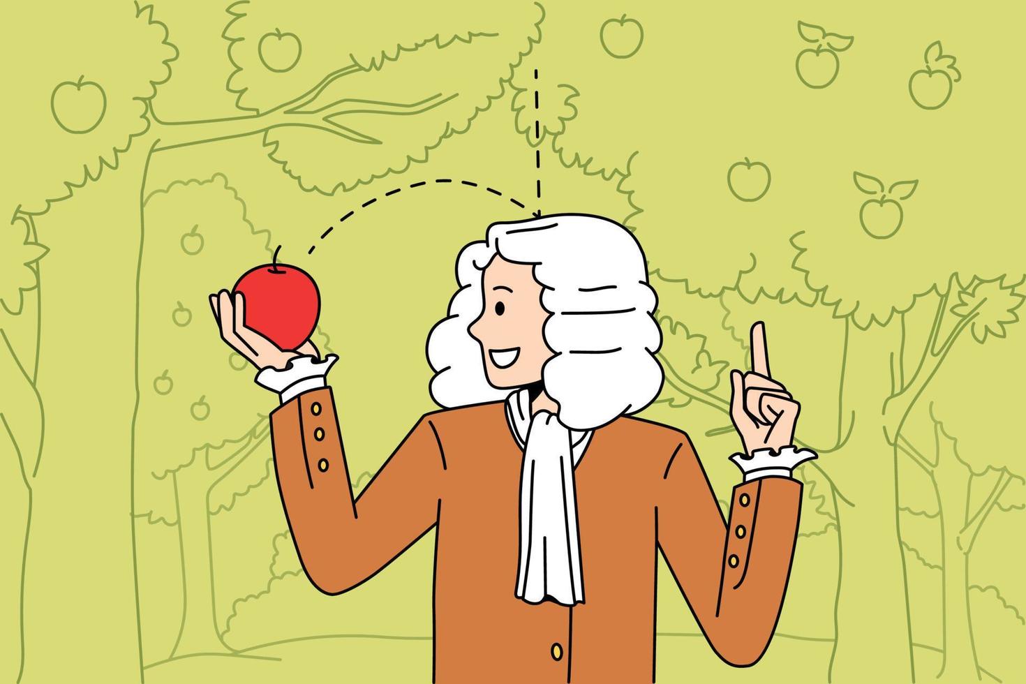 concepto de ciencia y experiencia física. sir isaac newton científico de pie y explorando la gravedad con manzana roja caída en manos ilustración vectorial vector