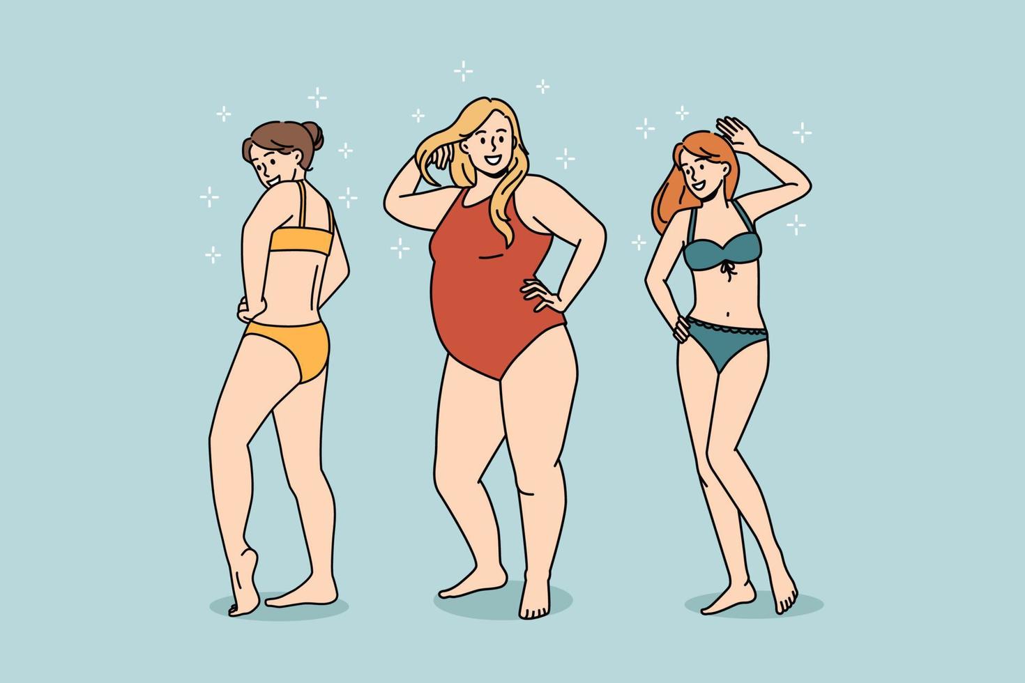 Body positive and happy lifestyle concept. Group of happy cheerful slim and plus size obsolete women dancing in bikini having fun enjoying life together vector illustration