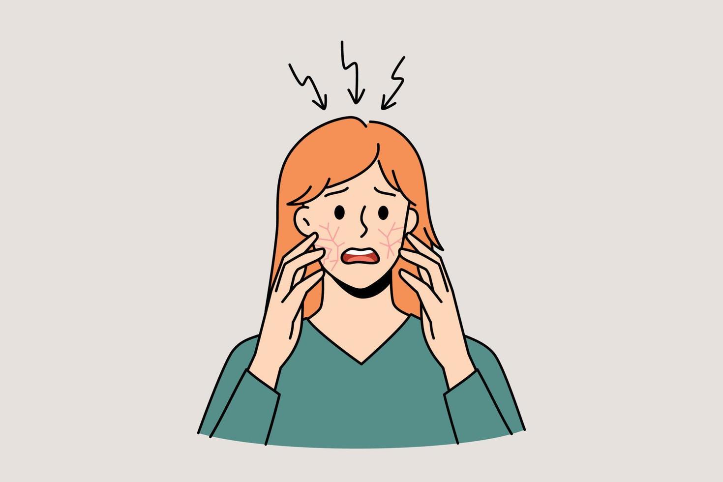 Itchy head and scalp concept. Stressed irritated woman standing and having itchy cheeks and scalp feeling problems with health vector illustration