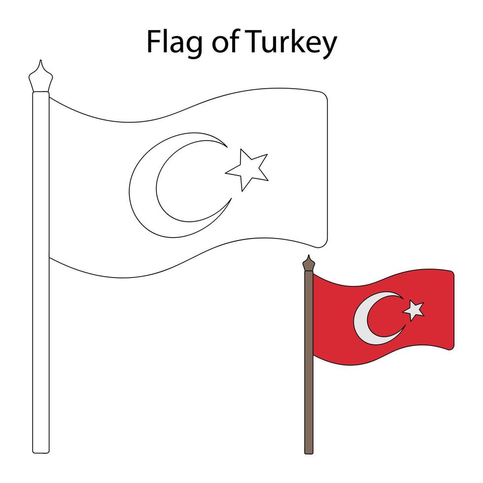 Turkish flag. Color the flag according to the given example. Coloring book for children. The fabric is decorated with a crescent and a star. The national symbol of the state develops in the wind. vector