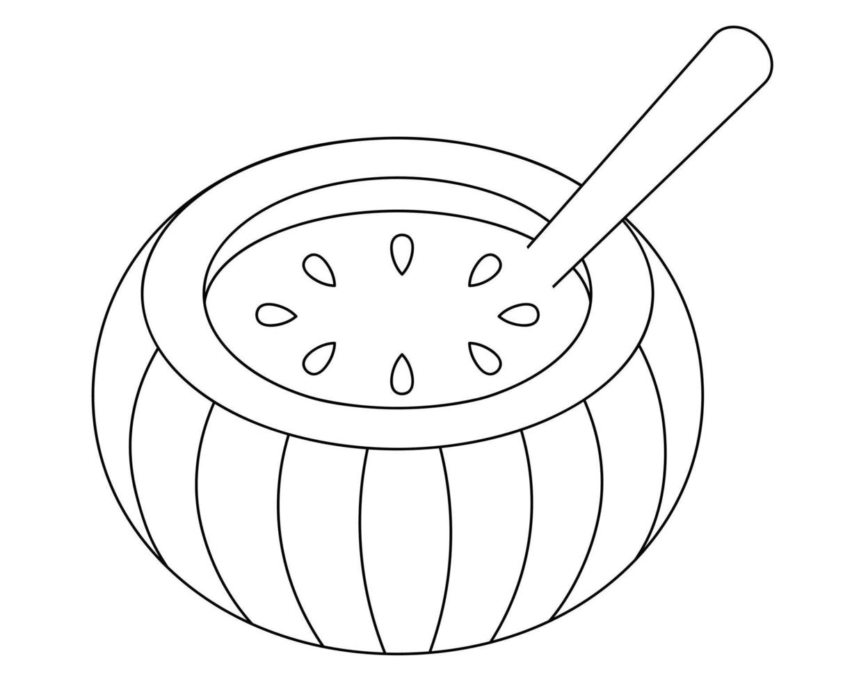 Pumpkin soup. Delicious stew in a pumpkin-cut mold, decorated with pumpkin seeds. Sketch. vector