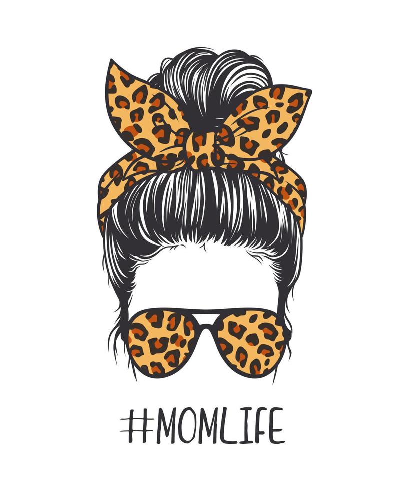 Beautiful woman with messy bun hairstyle, wearing leopard-patterned glasses and ribbon vector