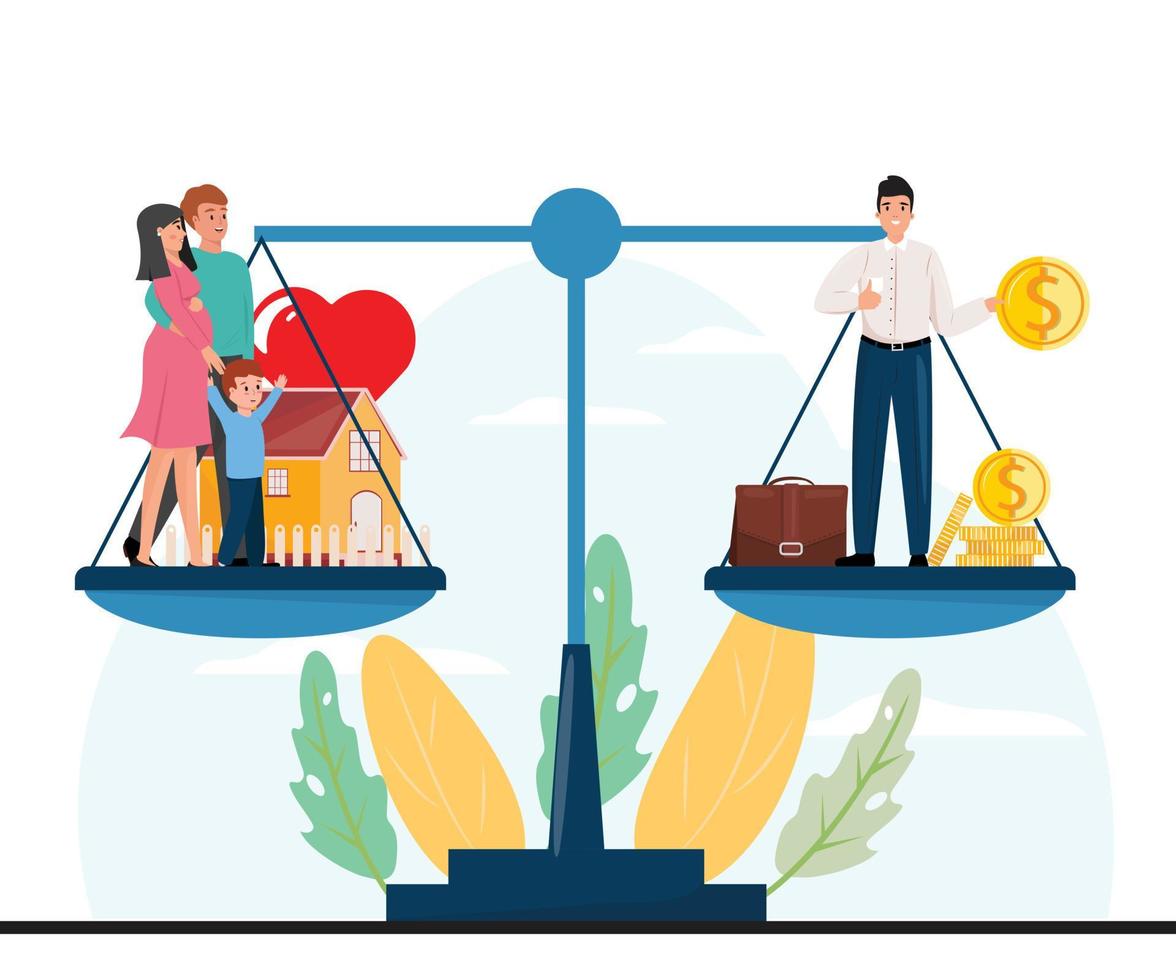 Flat illustration with a family and a single businessman on the scale. Life with family and being single. Life balance, decision, finance, family, comparison life style concept illustration. vector