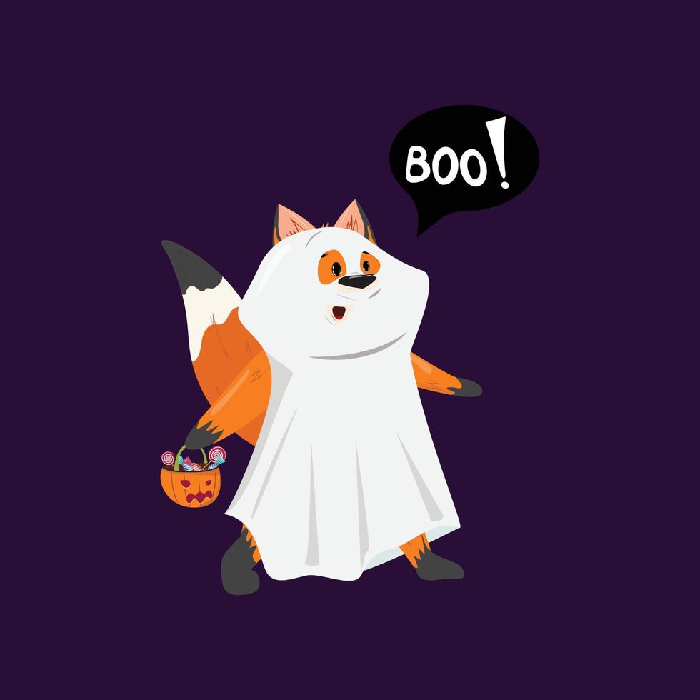 zorro disfrazado de fantasma que lleva una canasta de calabazas llena de dulces. ilustración de halloween con un lindo zorro. disfraz de fantasma de halloween. vector