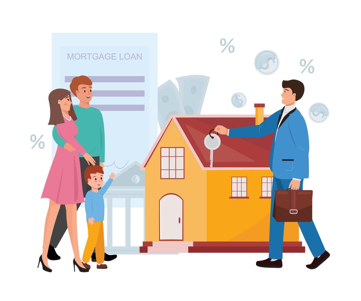 Modern colourful illustration with a family and estate agent giving them the house key. Real estate, mortgage, home property, purchase, credit concept illustration. vector