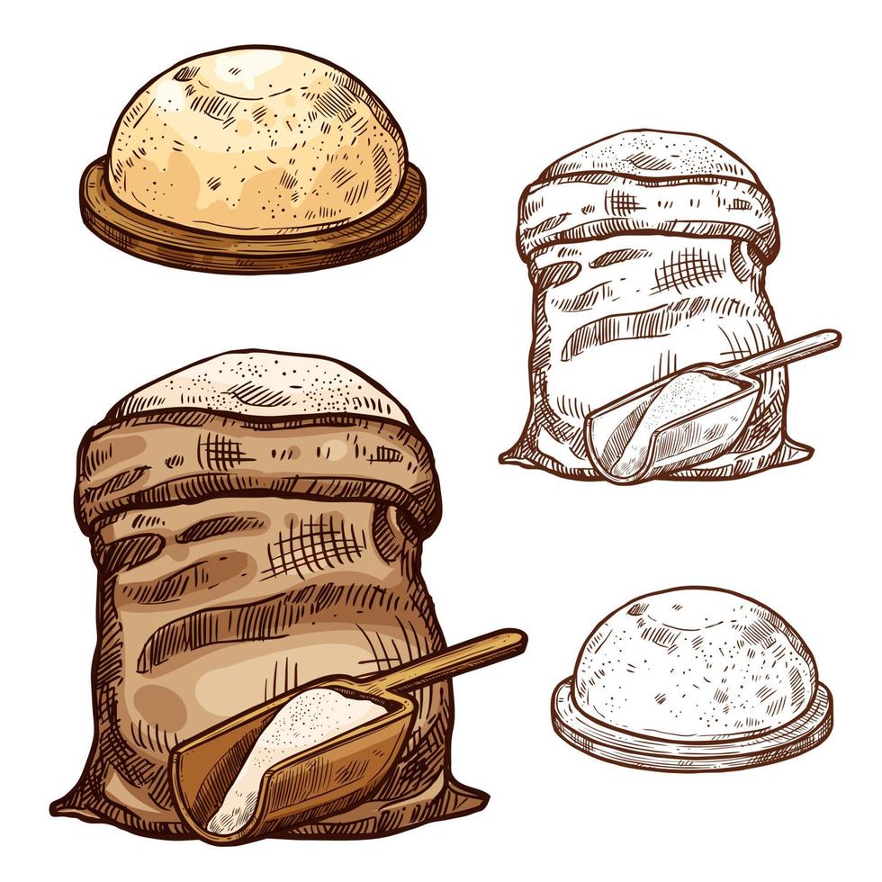 Vector sketch icons of baking flour bag and bread