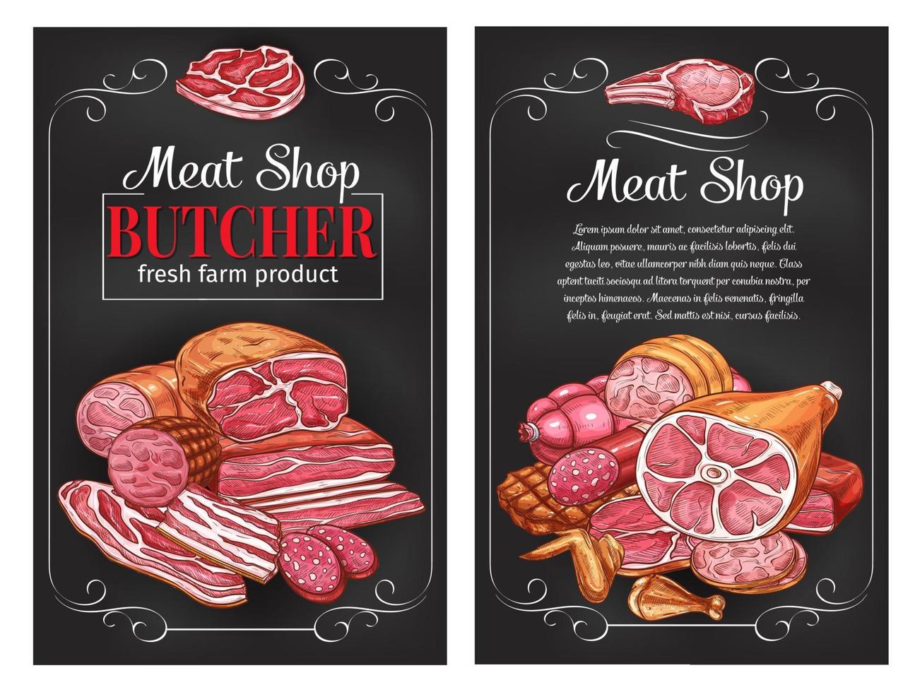 Vector sketch sausages and meat for butcher shop