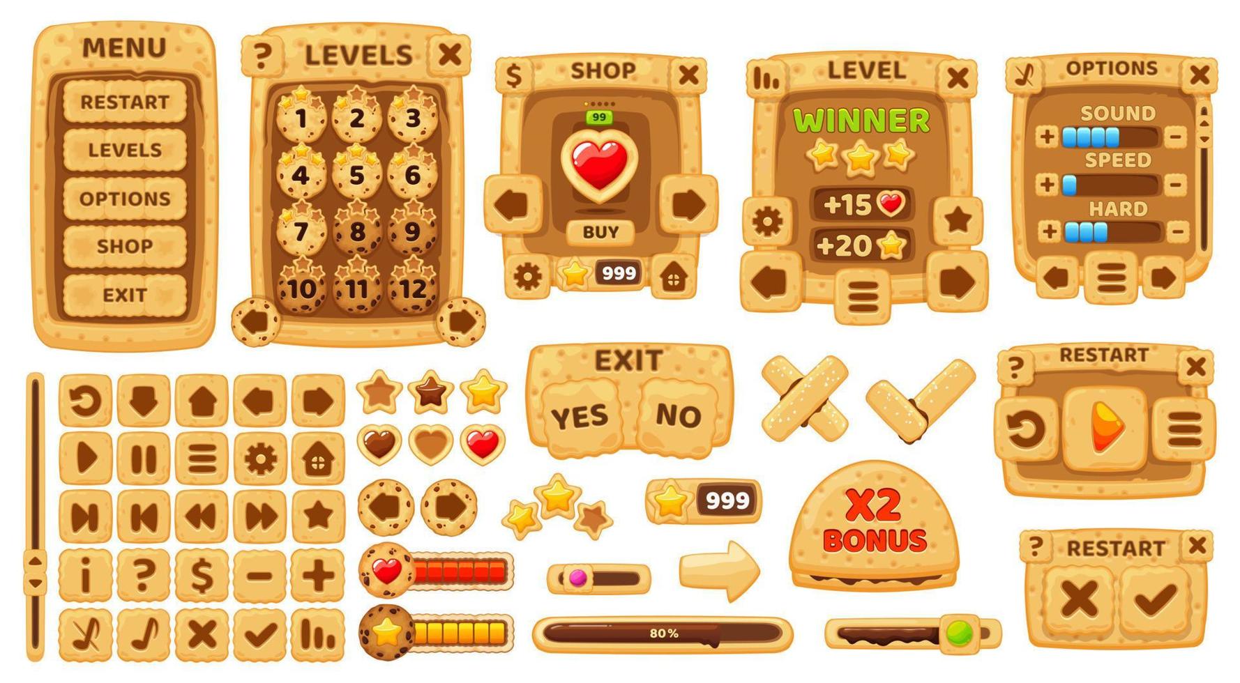 Cartoon cookie cracker game interface UI and GUI vector