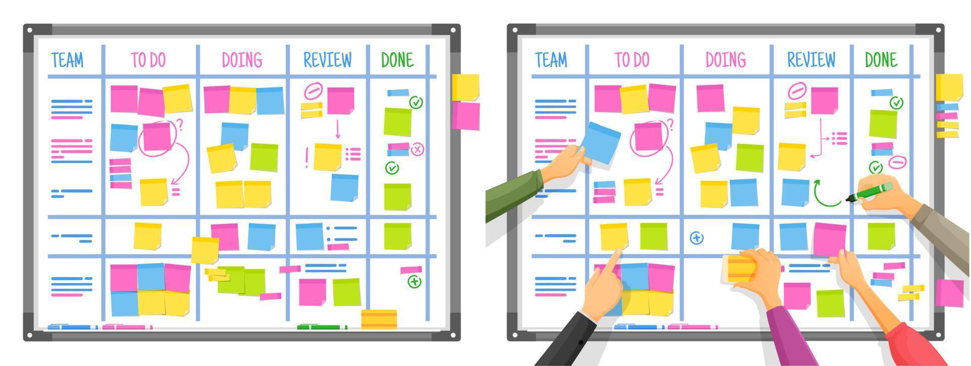 Scrum task board with business people hands vector