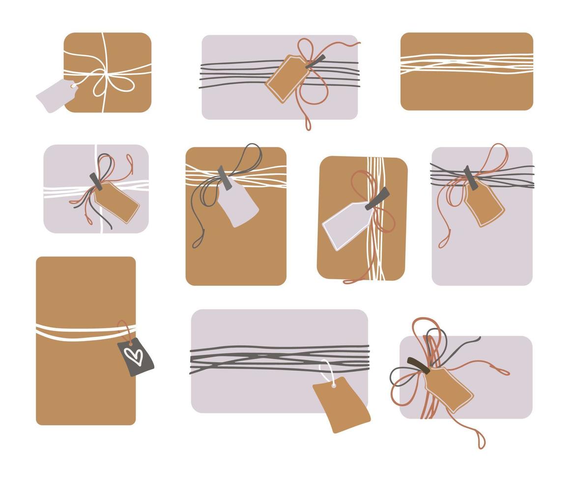 conjunto de regalos de embalaje artesanal. concepto de cero residuos. cajas de regalo con papel de regalo artesanal y cinta de hilo. decoración ecológica en colores naturales. ilustración vectorial dibujada a mano. vector