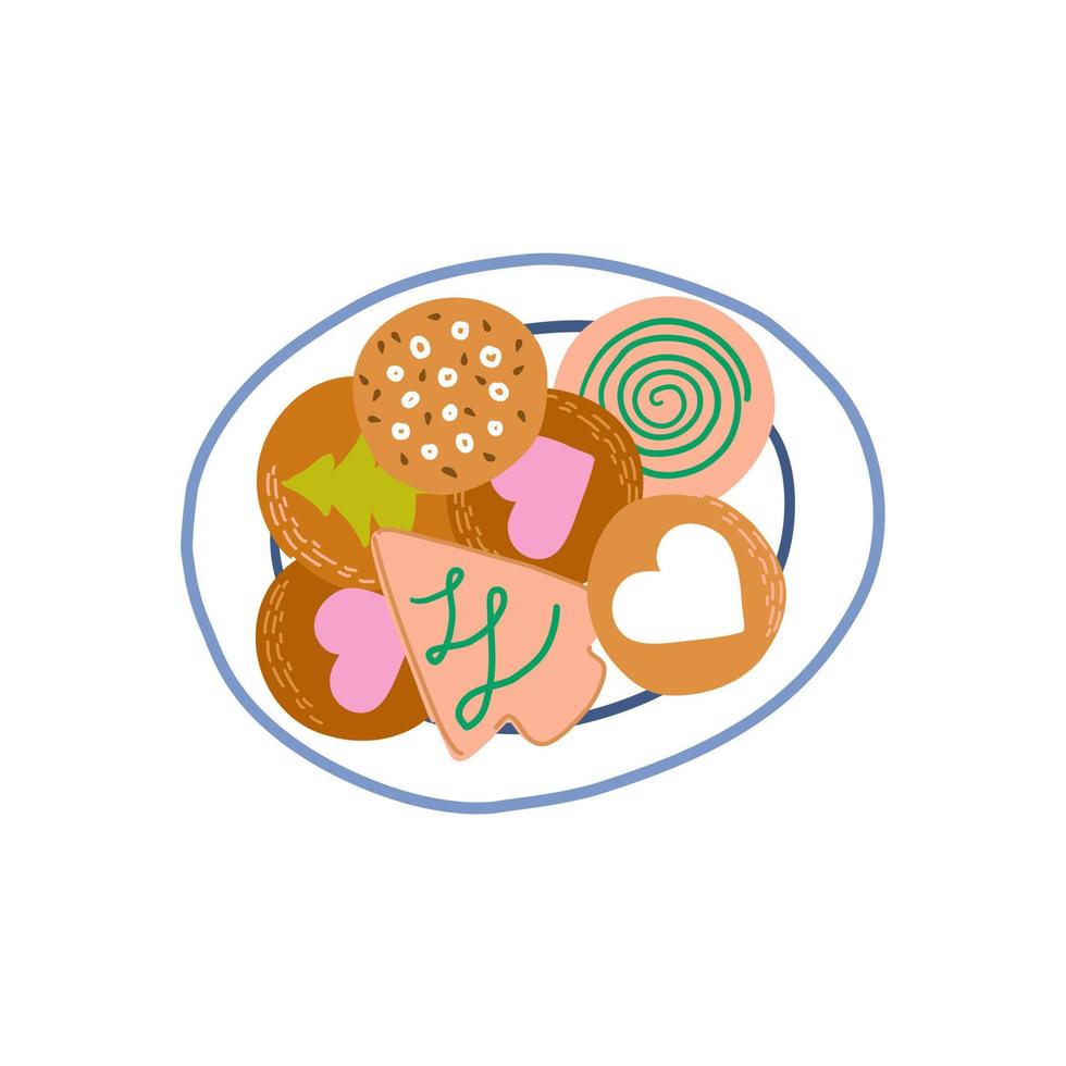 galletas de bizcocho con glaseado, semillas y remolinos en el plato. pastelería tradicional navideña. día nacional de las galletas. ilustración vectorial dibujada a mano aislada en blanco. vector