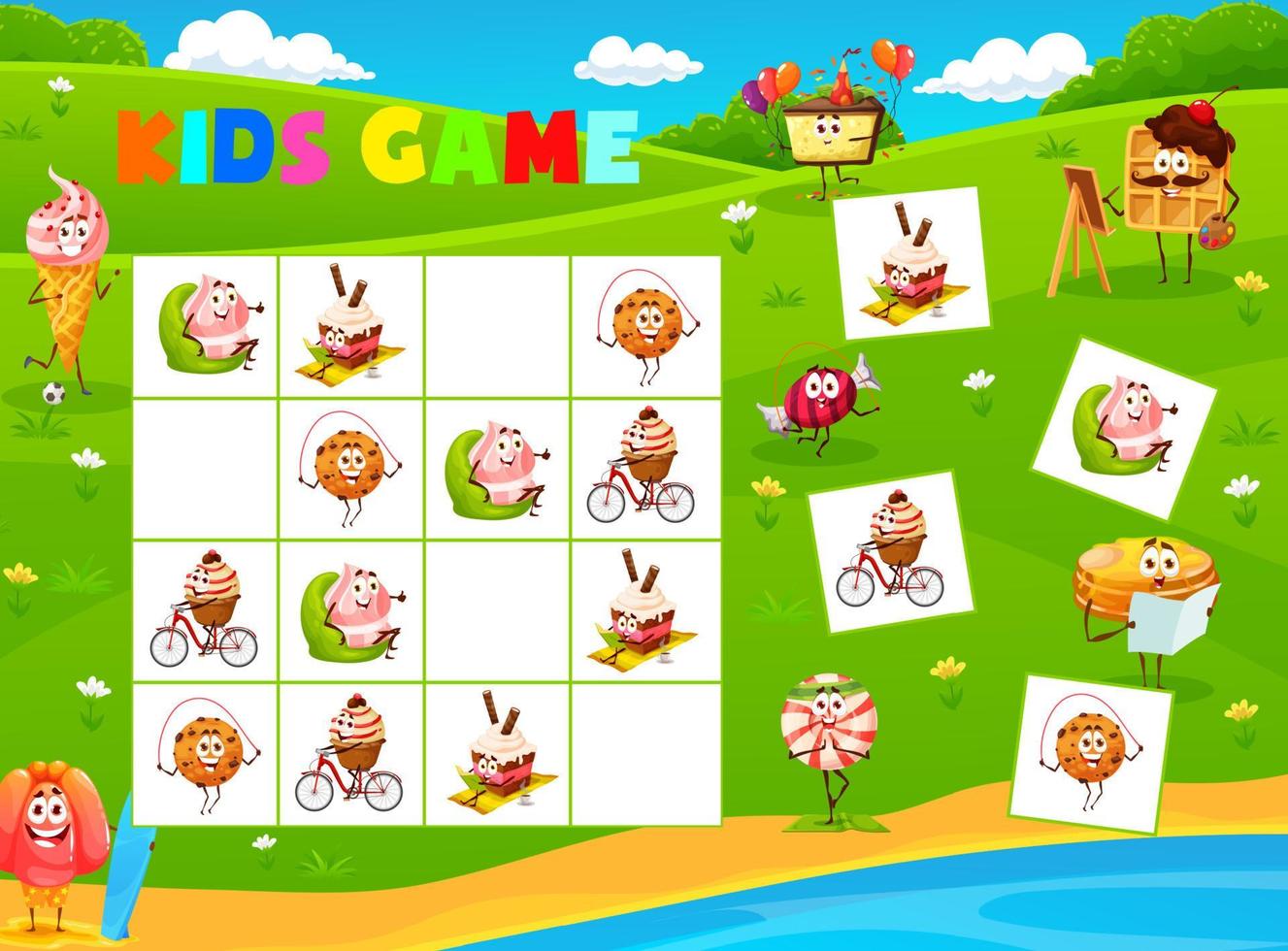 juego de sudoku con postres alegres de dibujos animados, dulces vector