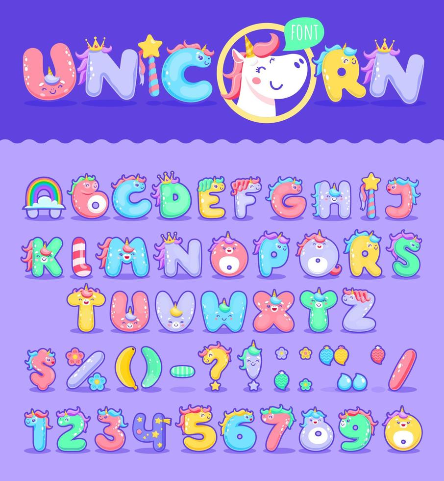 Cartoon unicorn font, magic type or fairy typeface vector