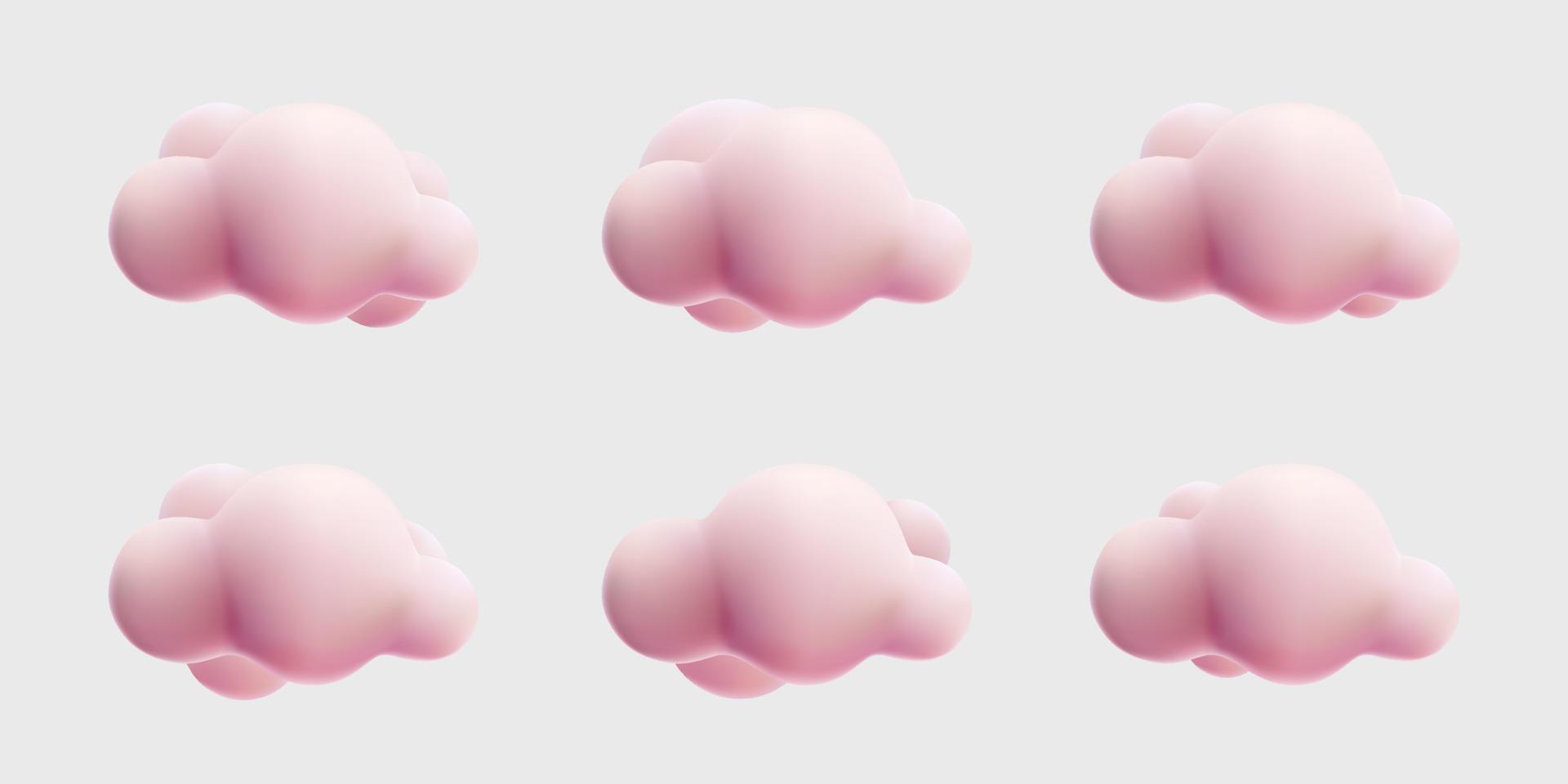 3d fluffy cloud cartoon style collection set. pink pastel. vector mesh