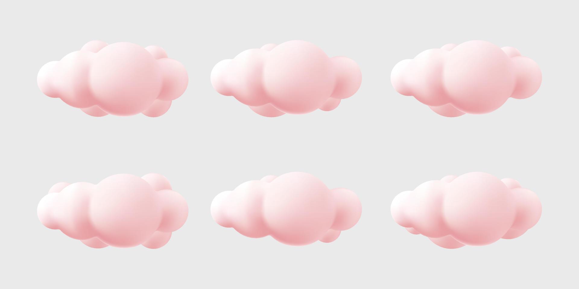 3d fluffy cloud cartoon style collection set. pink pastel. vector mesh
