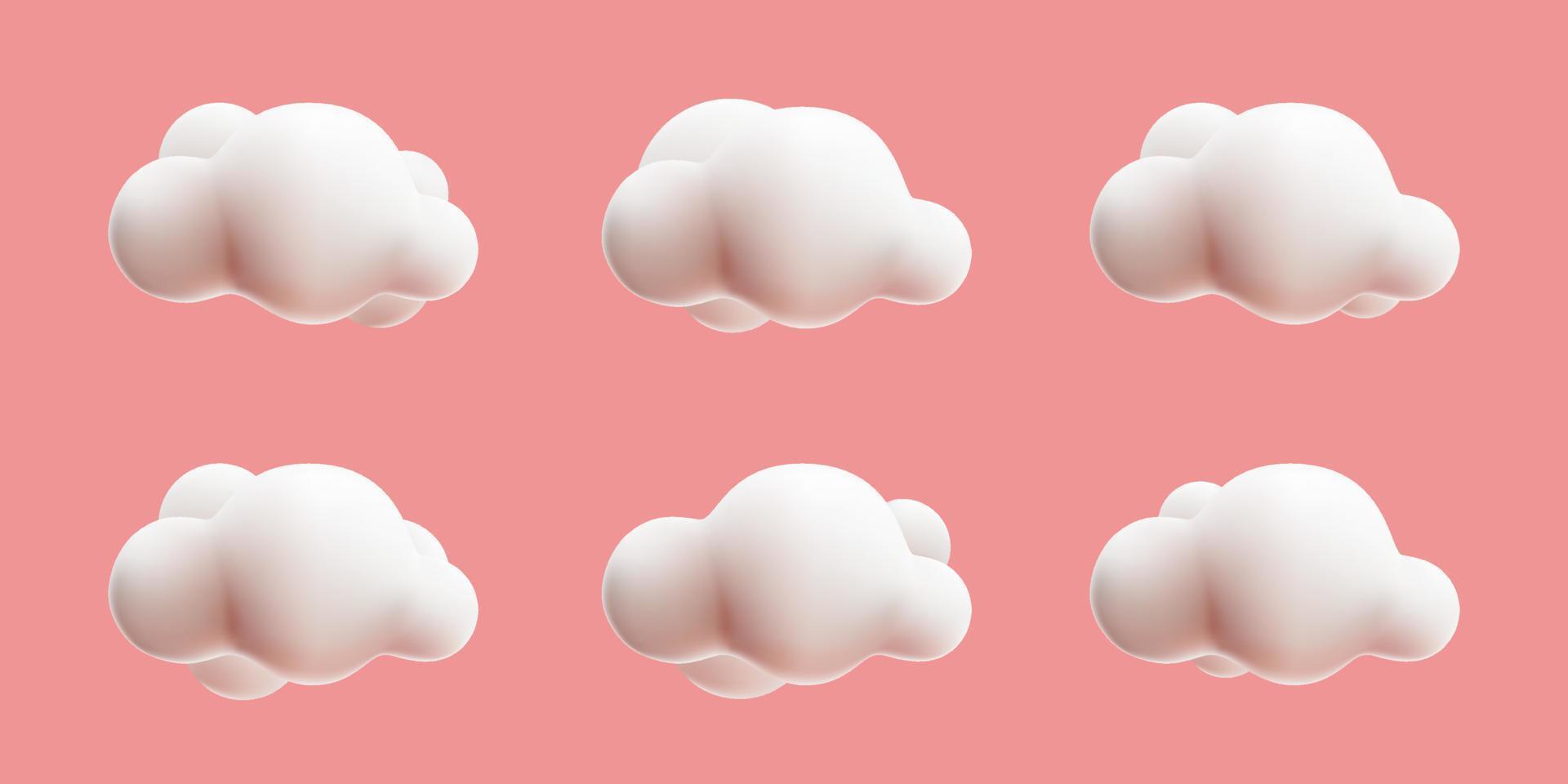 3d fluffy white cloud cartoon style collection set on pink pastel backgound. vector mesh