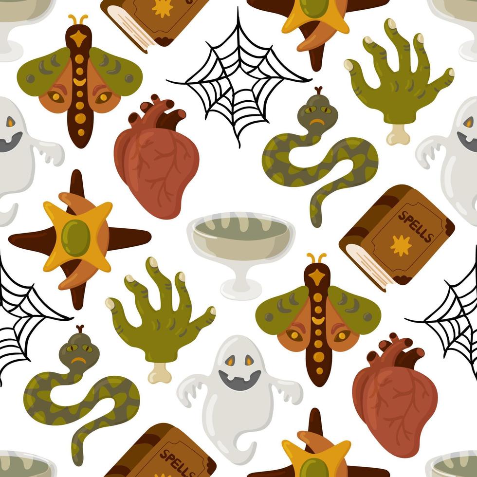 Halloween vector cartoon seamless pattern with pumpkin lantern, ghost, skull, spider, and other scary or festive elements . Mystical background for wallpaper, wrapping, packing, and backdrop.