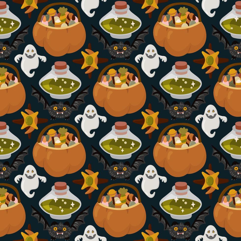 Halloween vector cartoon seamless pattern with pumpkin lantern, ghost, skull, spider, and other scary or festive elements . Mystical background for wallpaper, wrapping, packing, and backdrop.