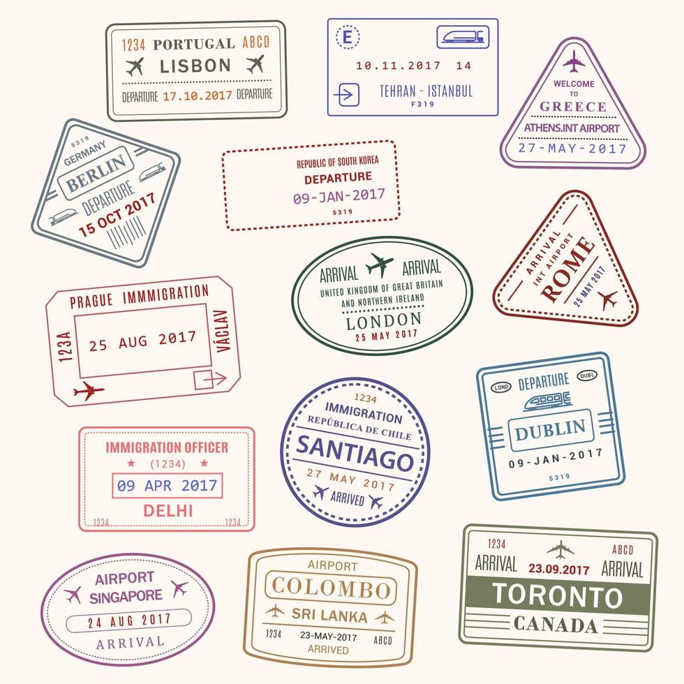 conjunto de iconos de ciudad y país de vector de sello de pasaporte