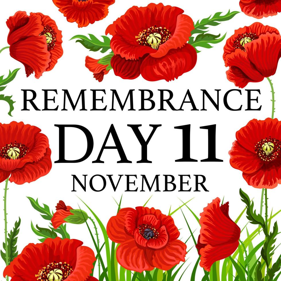11 de noviembre tarjeta de vector del día del recuerdo de la amapola