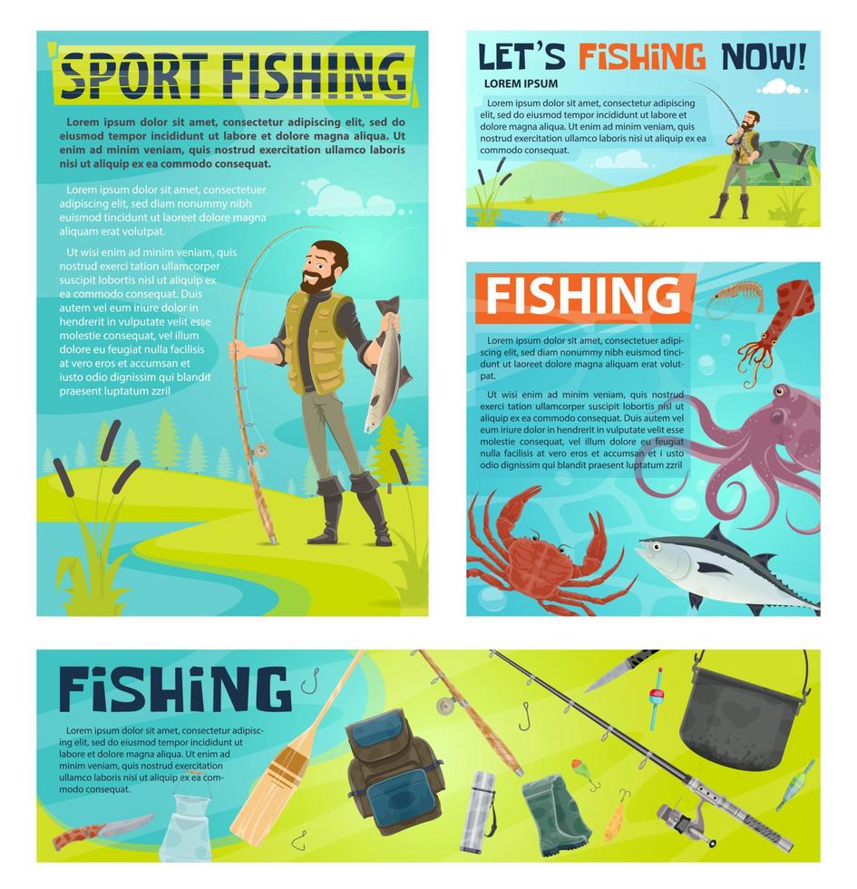 Sport fishing banner with fisherman and fish catch vector