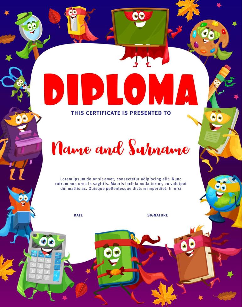 Kids diploma cartoon school superhero characters vector