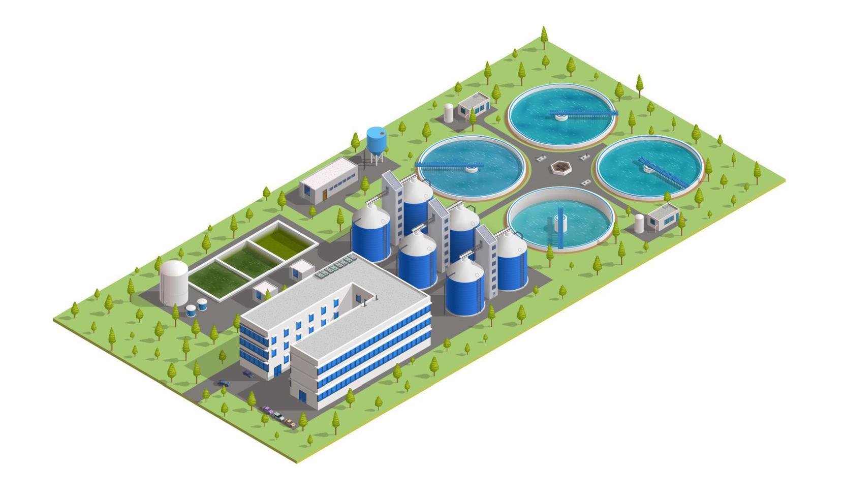 Isometric treatment plant of sewage and wastewater vector