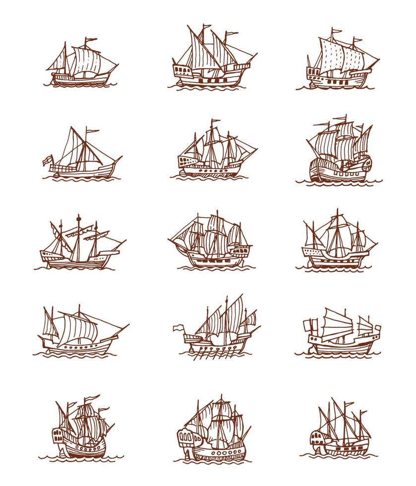 Isolated vintage sail ship and sailboat sketches vector