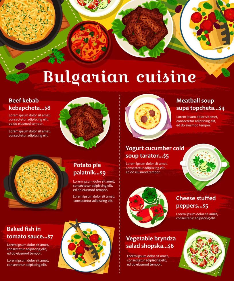 plantilla de menú de comidas de restaurante de cocina búlgara vector