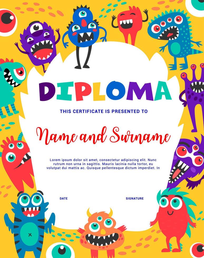 Kids diploma with funny monster characters vector