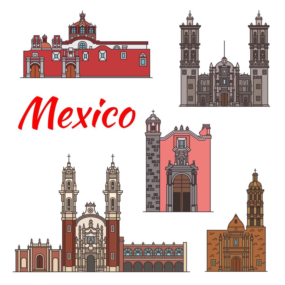 Mexico landmarks vector architecture line icons
