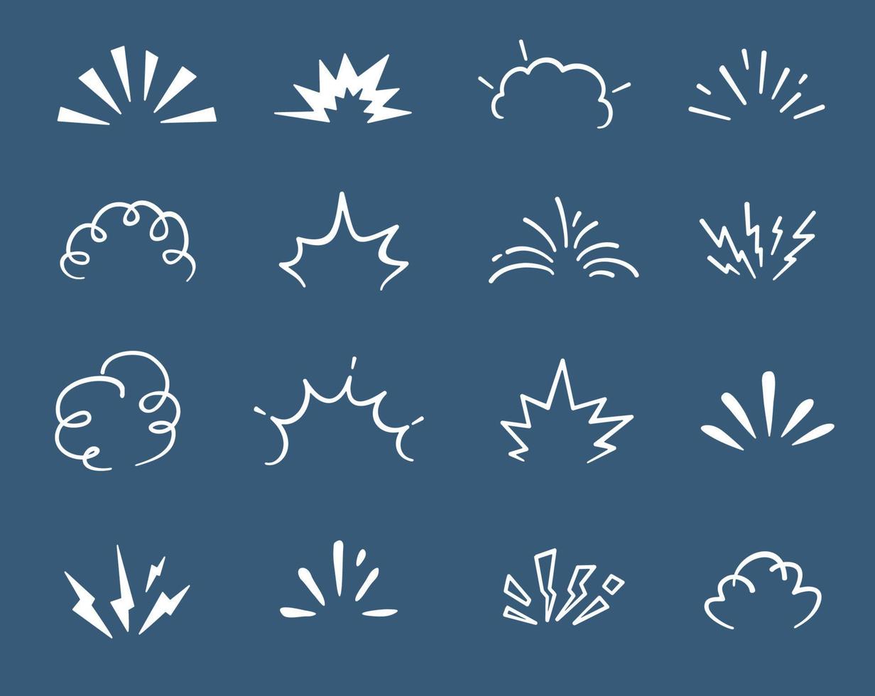 Cartoon doodle bomb explosion, comic boom clouds vector