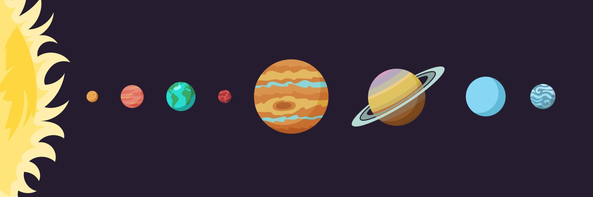 sistema solar colorido con planetas de línea en estilo de dibujos animados de diseño plano. banner de educación y ciencia astronómica para el aprendizaje de los niños vector