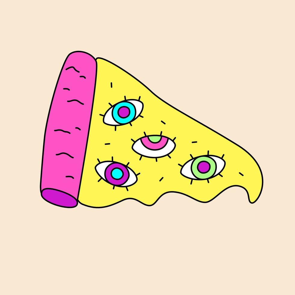 Colorful pizza with all seeing eyes. Hand drawn doodle illustration vector