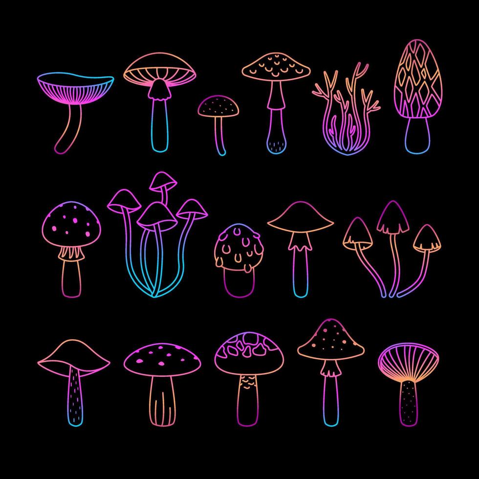 Set colorful outline mushrooms, retro hippie style items. For print, graphic design, stickers and poster template. vector