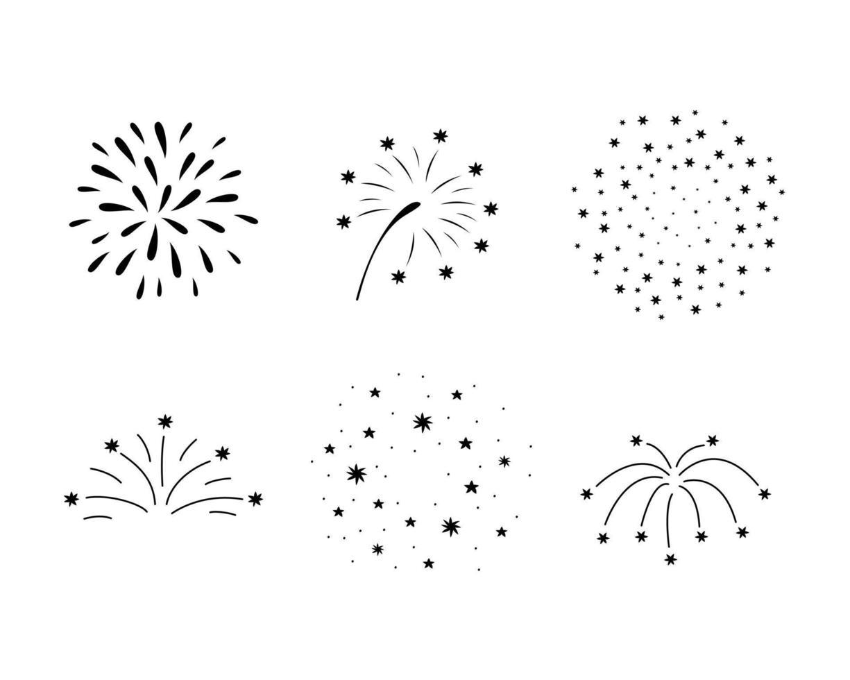 Set doodle festive sparkles, carnival salutes. Christmas, 4th july and winter holidays outline firework explosion element. vector