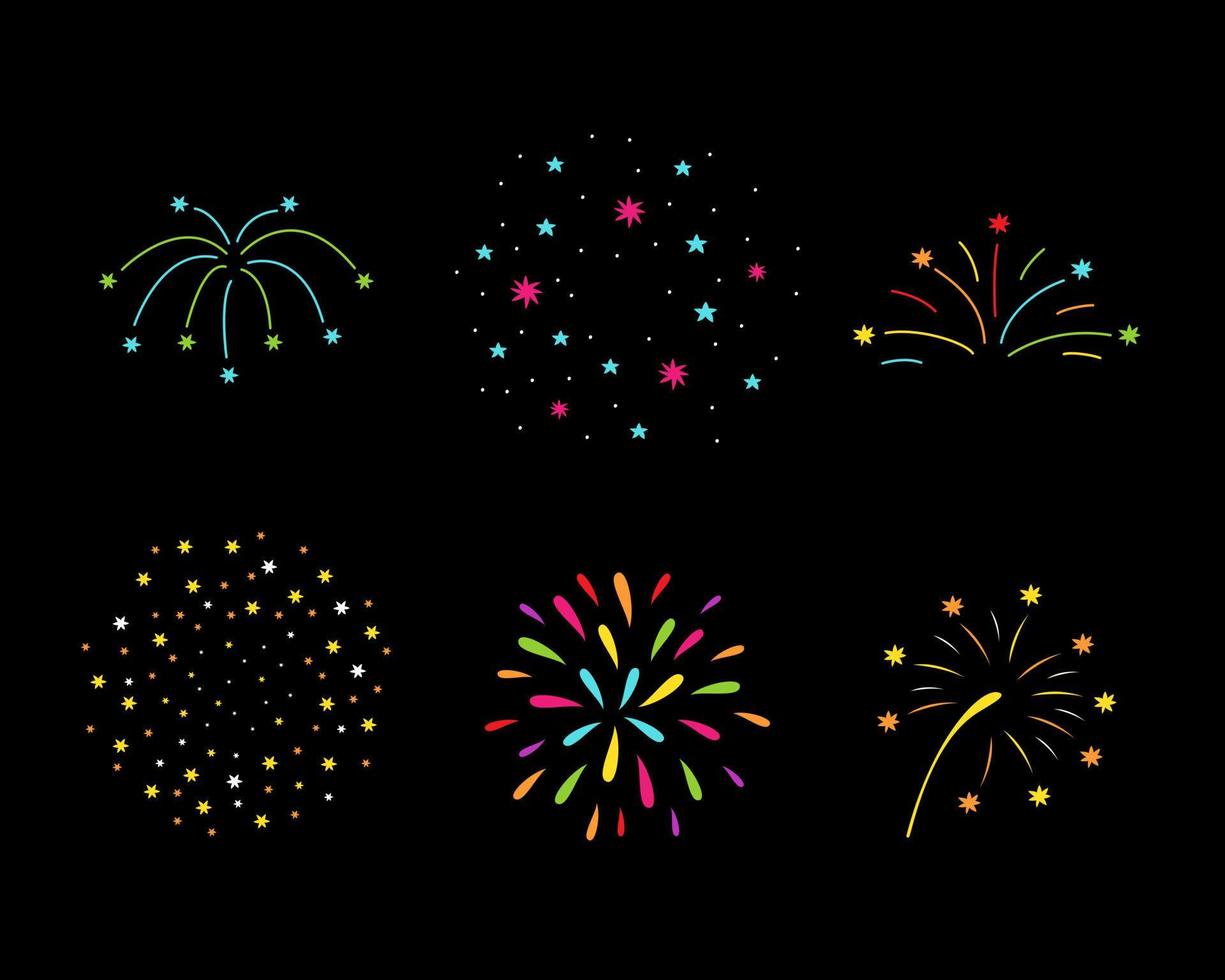 establecer coloridos destellos festivos, saludos de carnaval. Navidad, 4 de julio y vacaciones de invierno describen el elemento de explosión de fuegos artificiales. vector