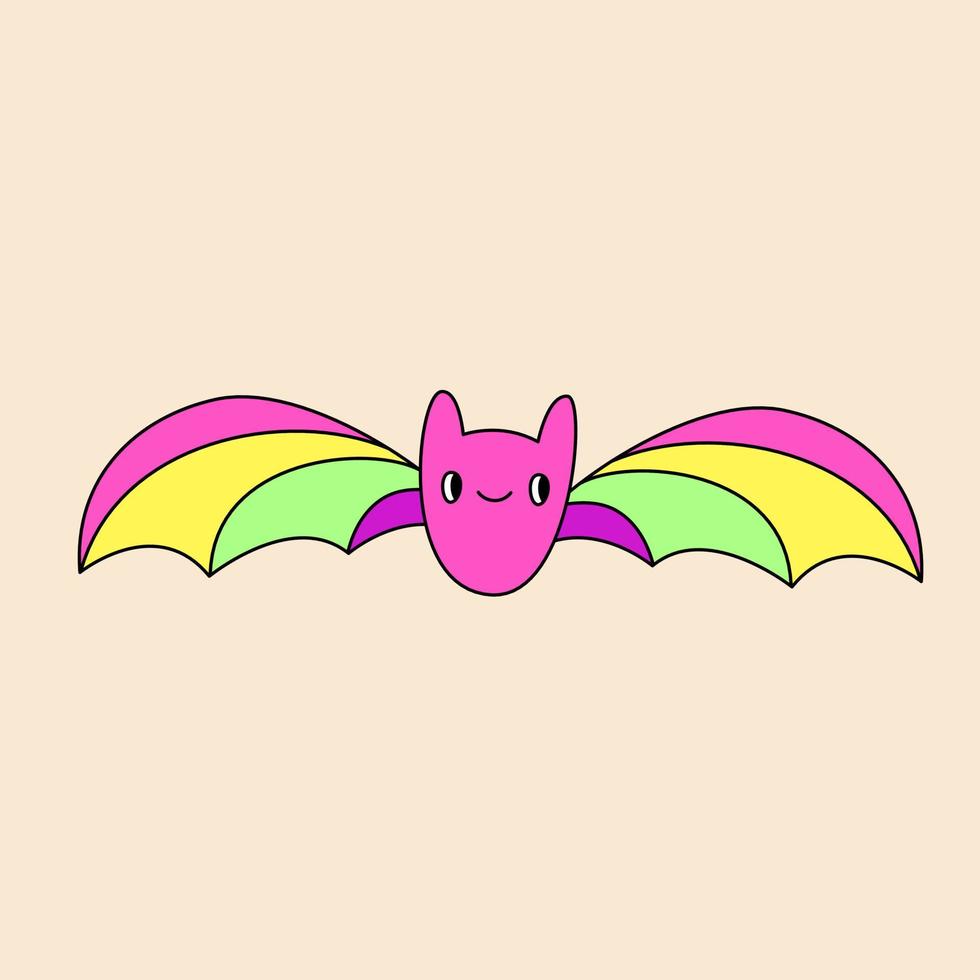 Happy retro colorful bat. Groovy hippie Halloween illustration. Template for sticker, poster and t shirt. vector