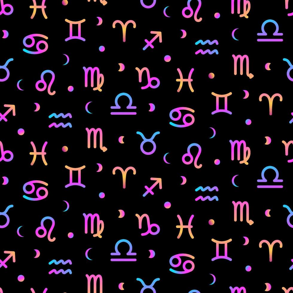 Zodiac signs seamless colorful neon background with crescent and moon, astrological pattern. Horoscope symbols gradient texture. vector