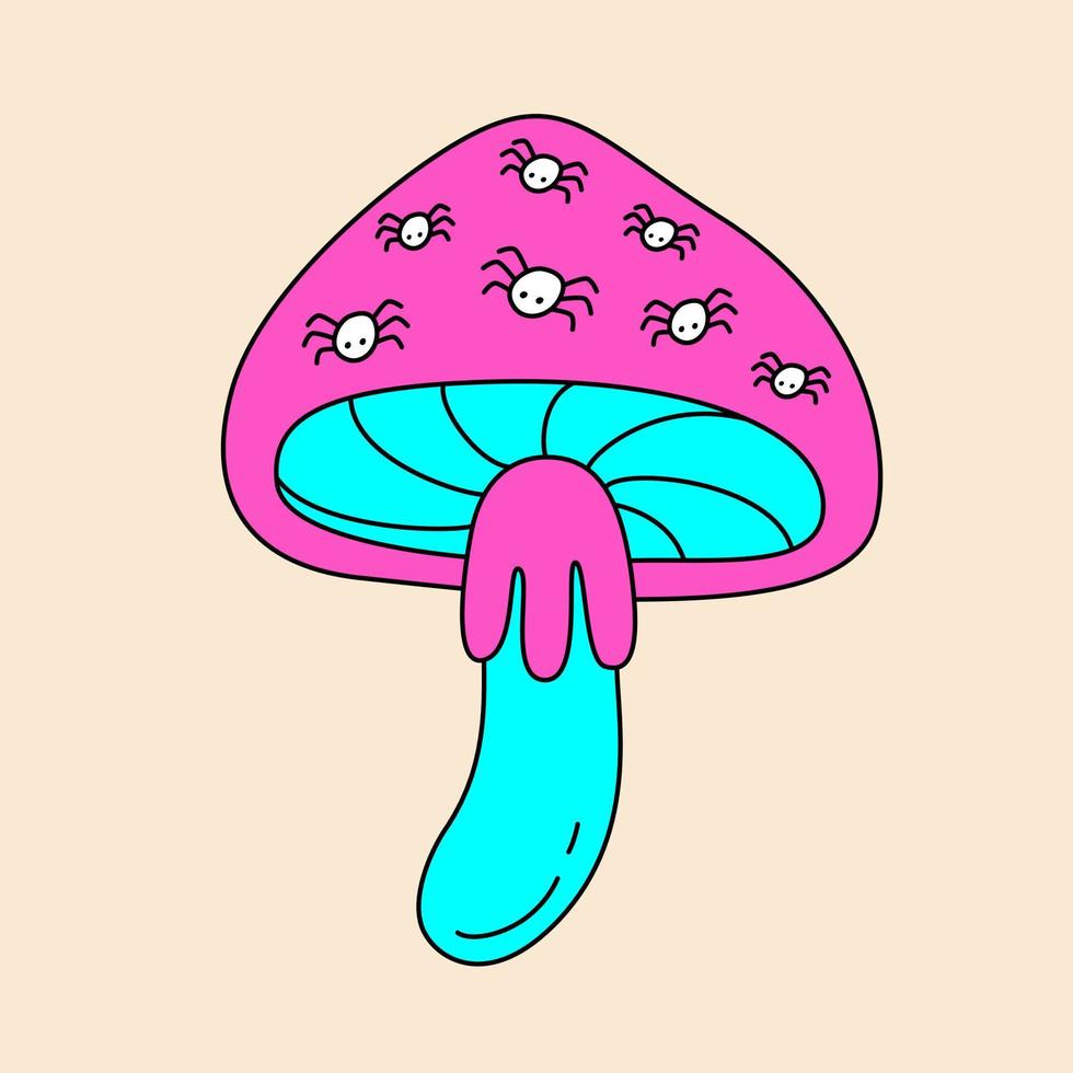 Colorful retro mushroom fly agaric with dotted spiders. Groovy hippie Halloween illustration. Template for sticker, poster and t shirt. vector