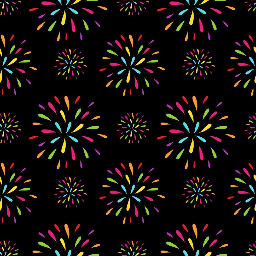 Seamless pattern fireworks on dark background. New year wrapping paper, banners, web design, scrapbooking and textile vector